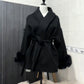 Women's Fuzzy Sleeve Wool Coat with Waist Tie