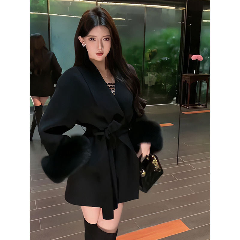 Women's Fuzzy Sleeve Wool Coat with Waist Tie