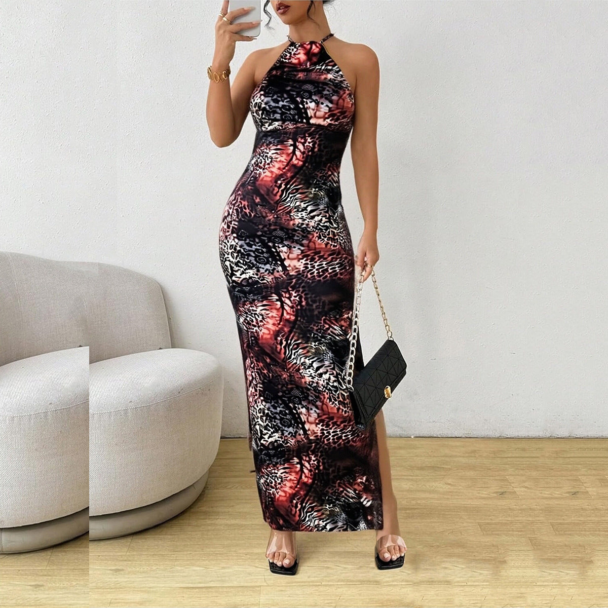 Sexy slim fit backless printed dress for women