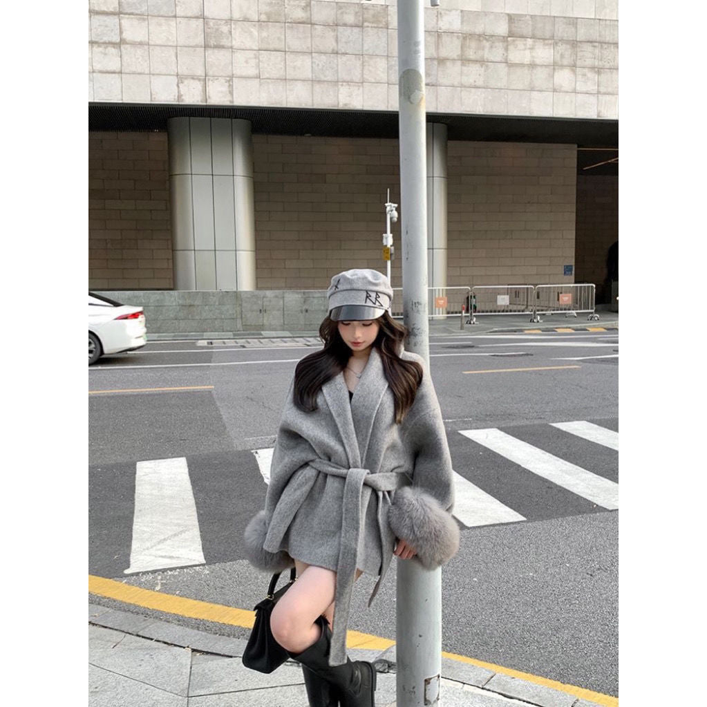 Women's Fuzzy Sleeve Wool Coat with Waist Tie
