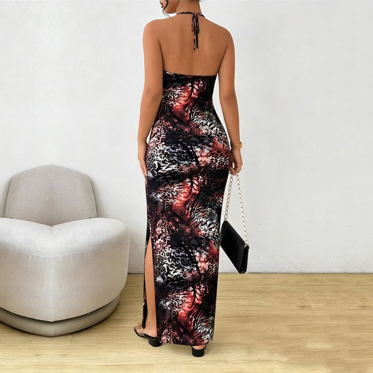 Sexy slim fit backless printed dress for women
