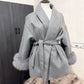 Women's Fuzzy Sleeve Wool Coat with Waist Tie