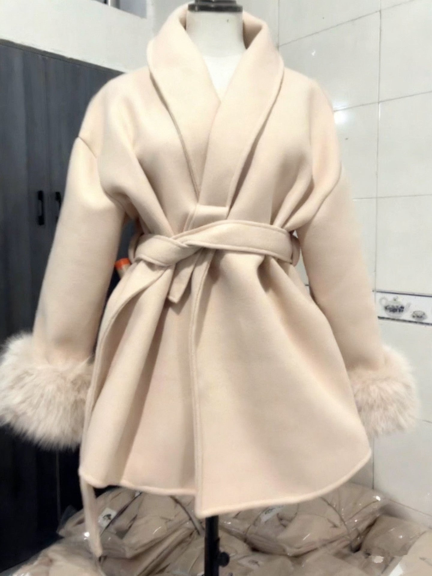 Women's Fuzzy Sleeve Wool Coat with Waist Tie