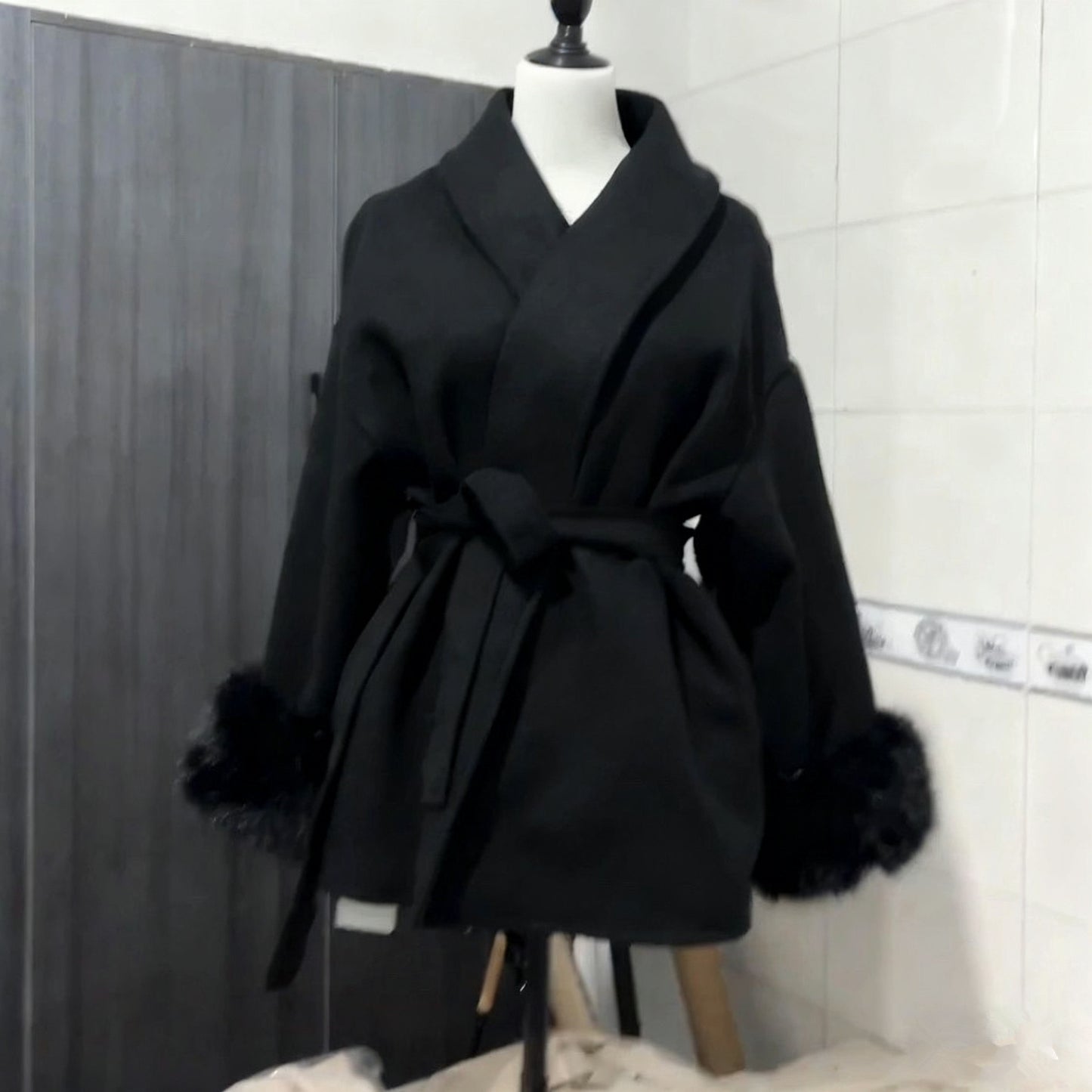 Women's Fuzzy Sleeve Wool Coat with Waist Tie