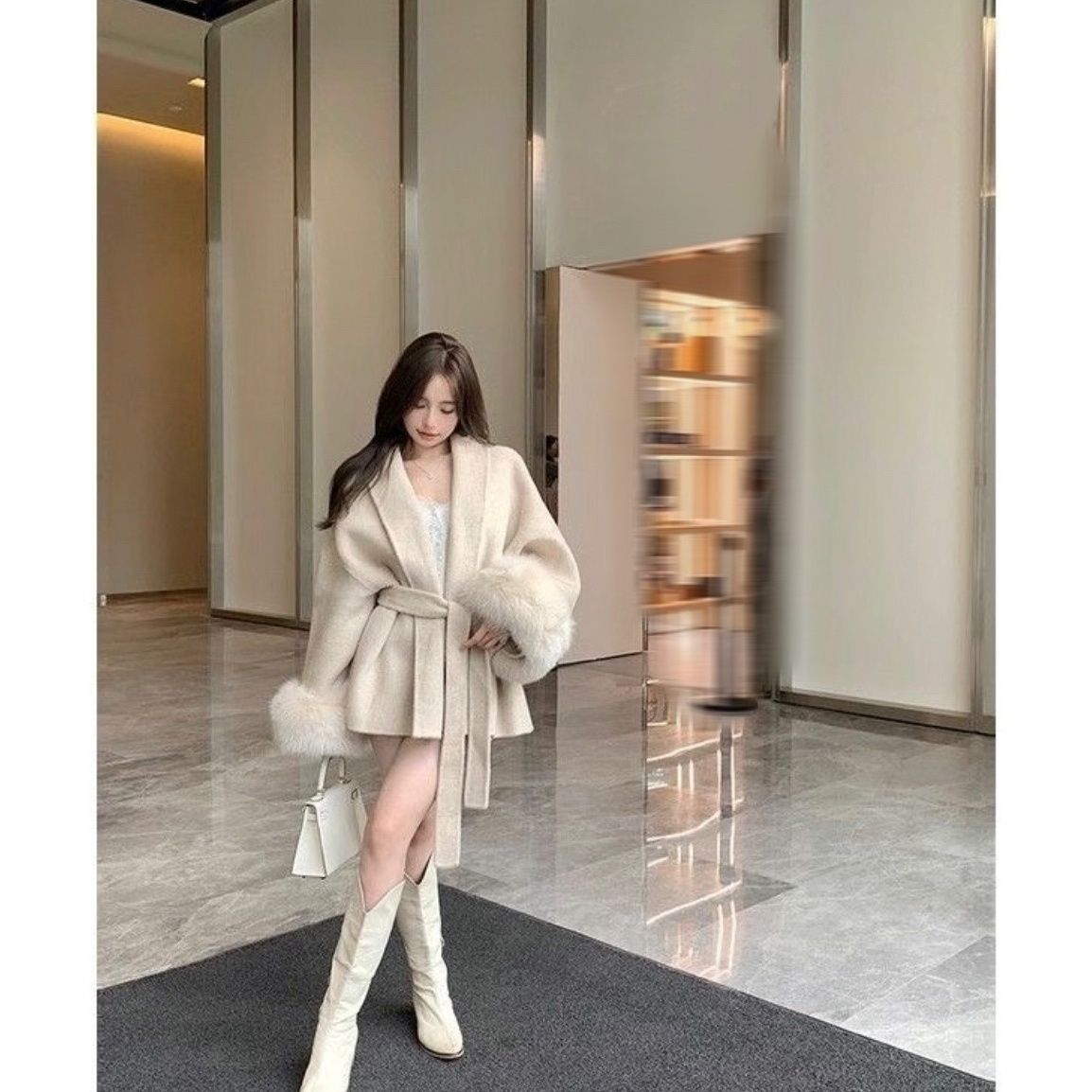 Women's Fuzzy Sleeve Wool Coat with Waist Tie