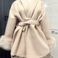 Women's Fuzzy Sleeve Wool Coat with Waist Tie