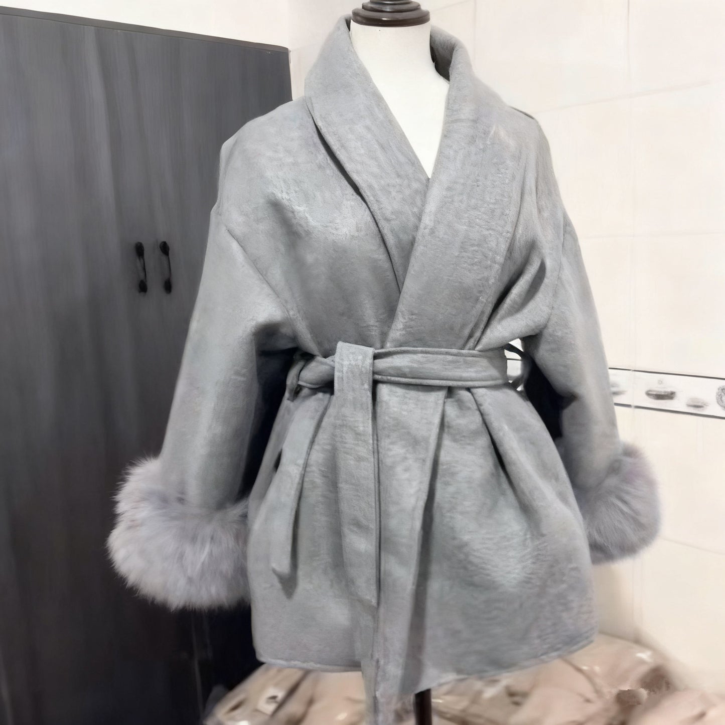 Women's Fuzzy Sleeve Wool Coat with Waist Tie