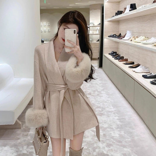 Women's Fuzzy Sleeve Wool Coat with Waist Tie